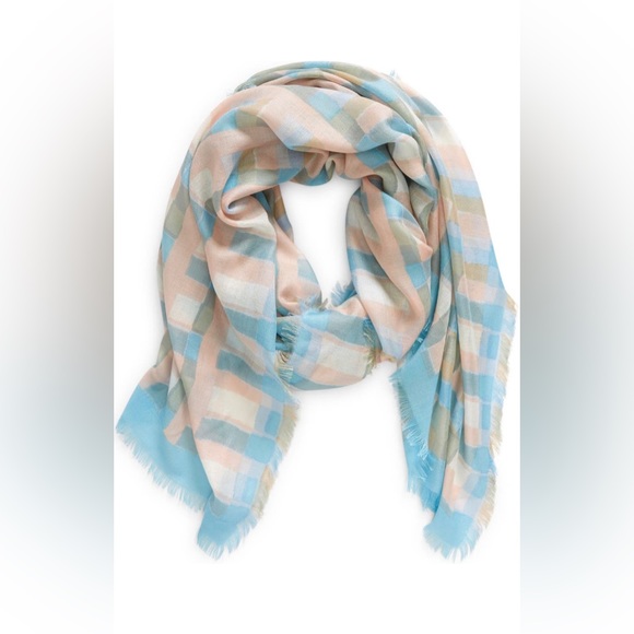 Nordstrom eyelash trim print cashmere and silk wrap in blue painterly plaid - Picture 1 of 15